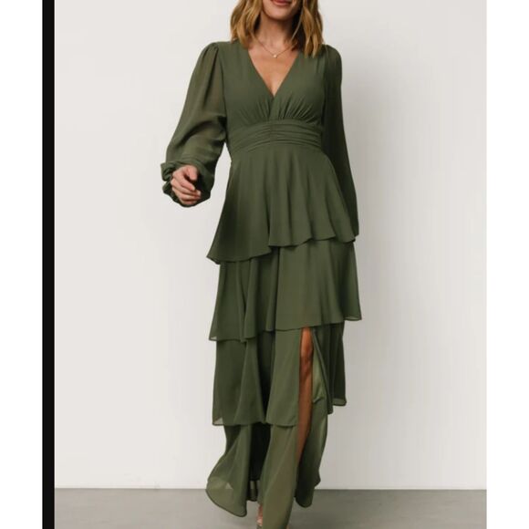 NWT Baltic Born Mariella Tiered Long Sleeve Modest Maxi Dress Dark Sage Green M - Picture 1 of 5